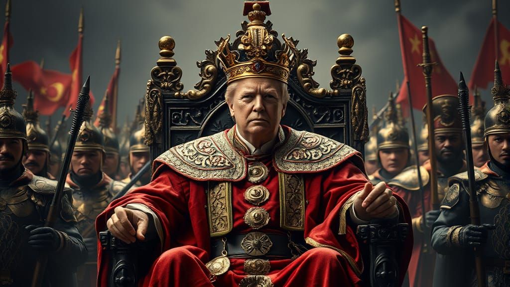 Trump as Medieval King on Sword Throne