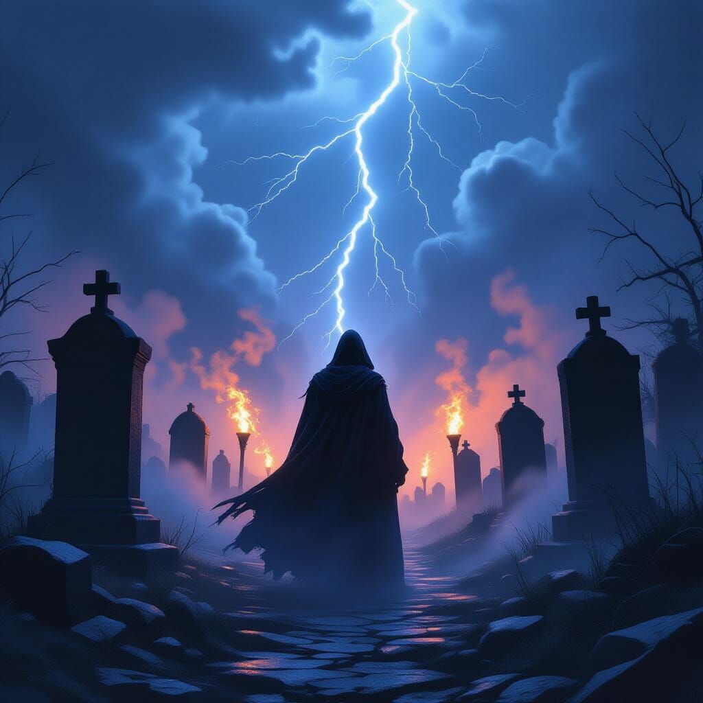 Hooded Figure in Misty Graveyard Under Lightning