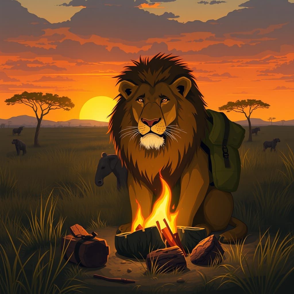 Lion in Sunset Savannah Campsite