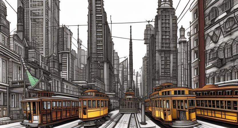 Steampunk Cityscape with Streetcars