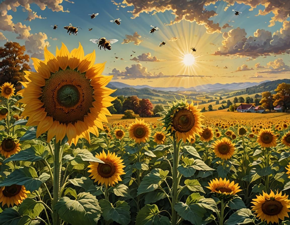 Sunflower with Bees in a Sunny Landscape