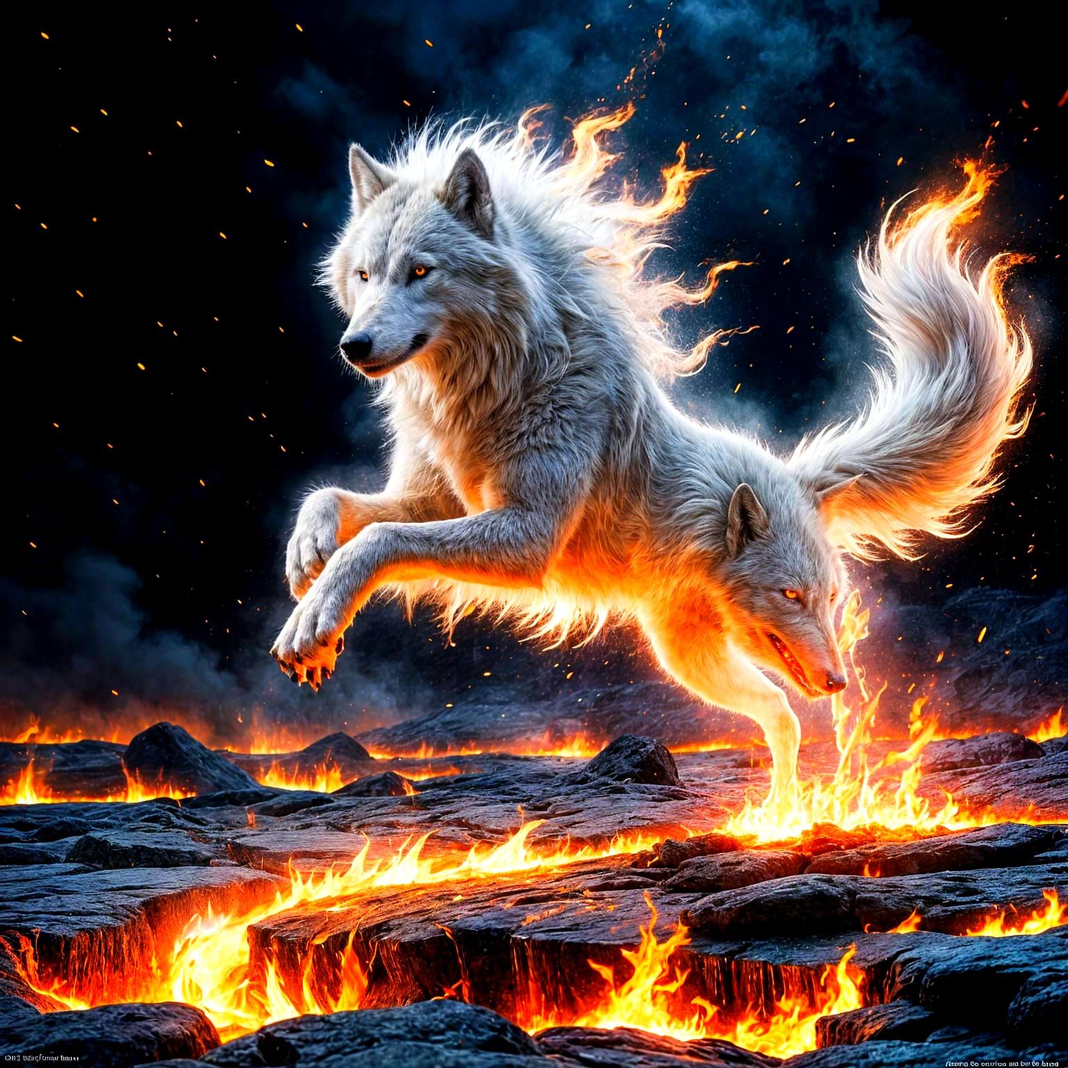 Fiery White Wolf Leaping in the Night: Digital Art
