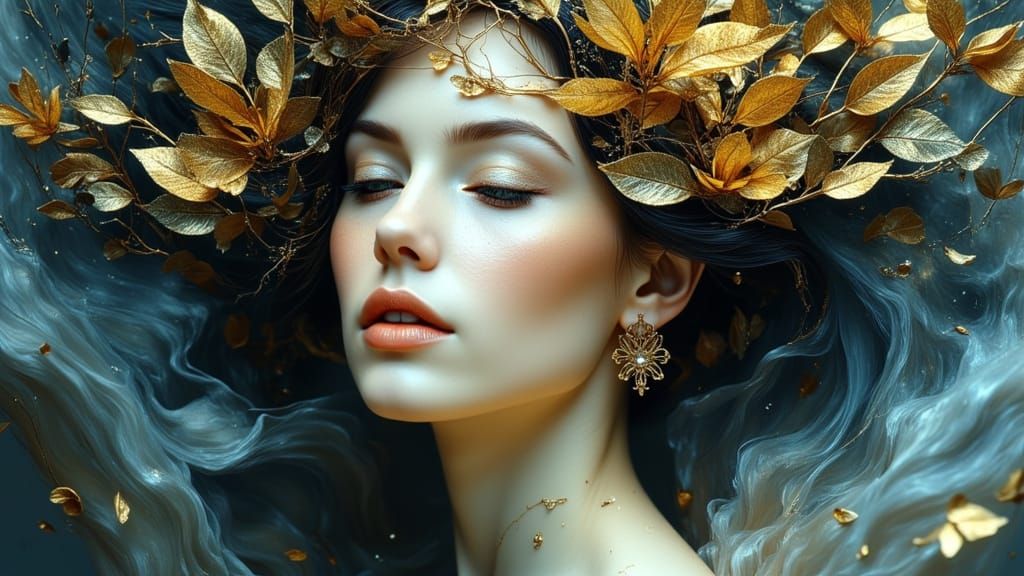 Ethereal Woman Portrait with Golden Botanicals