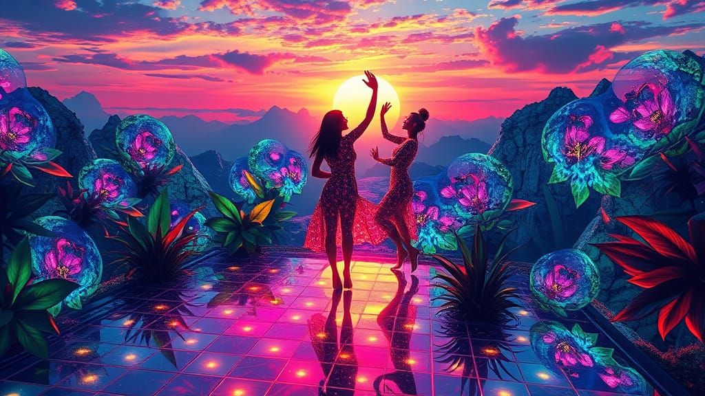 Ethereal Disco Dreamscape in Vibrant Sunset Colors