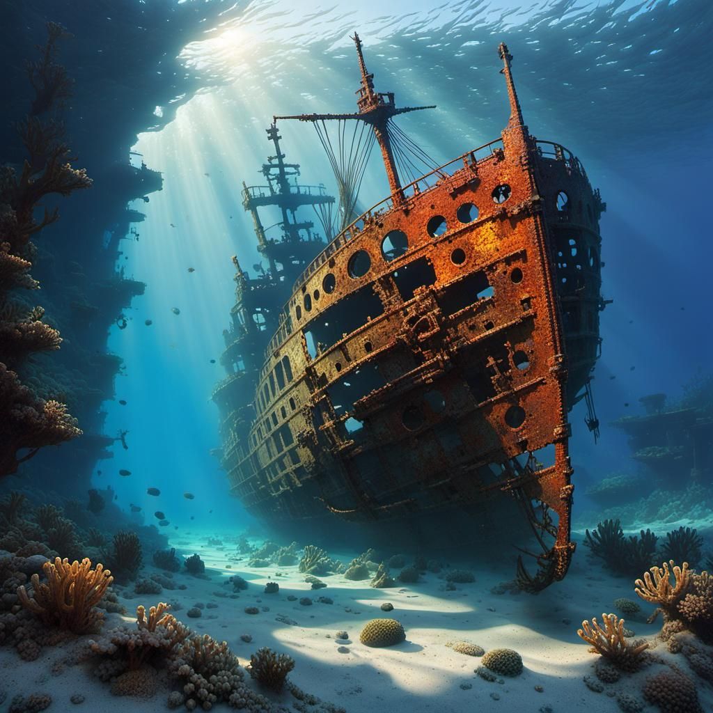 Sunken Shipwreck in Shimmering Evening Light