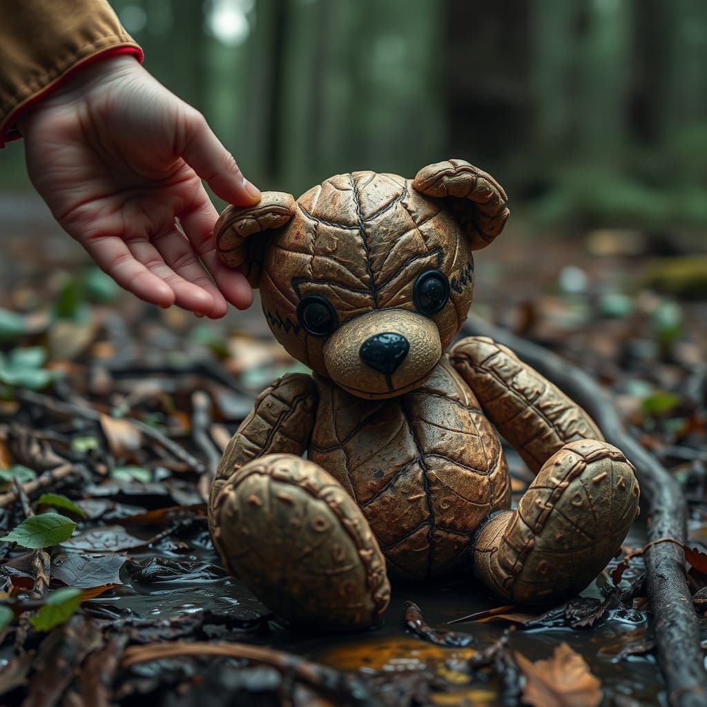 Worn Teddy Bear Dragged Through Rainy Woods