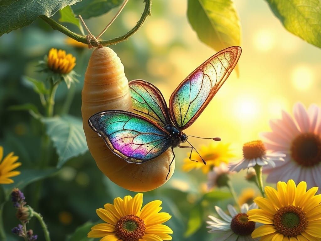 Emerald Butterfly Emerge from Cocoon in Lush Spring Garden