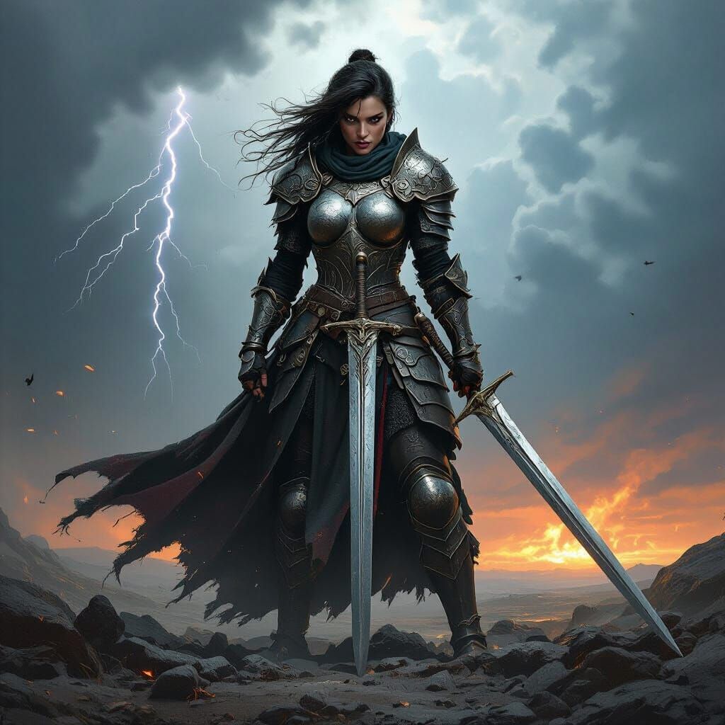Fierce Medieval Warrior on Stormy Battlefield