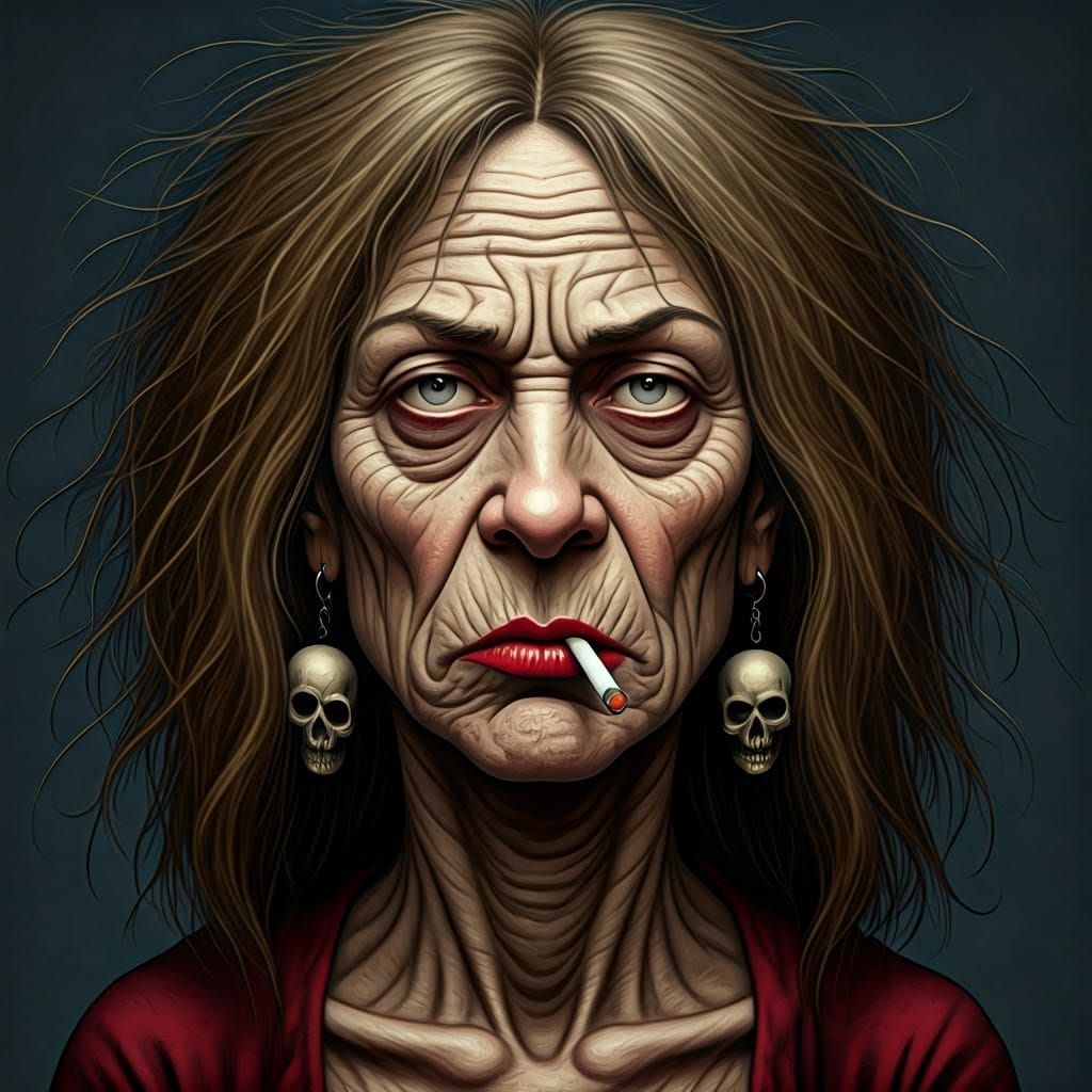 Comix Style Portrait of a Decrepit Woman Smoking