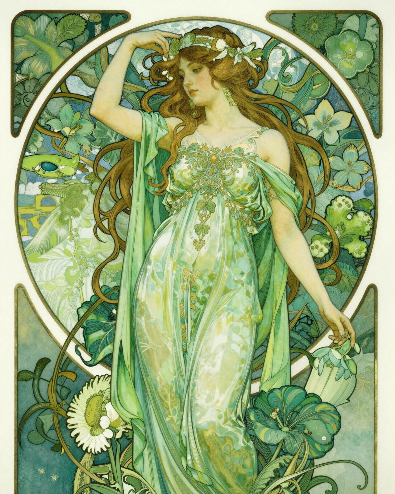 Art Nouveau Goddess of Nature in Shades of Green