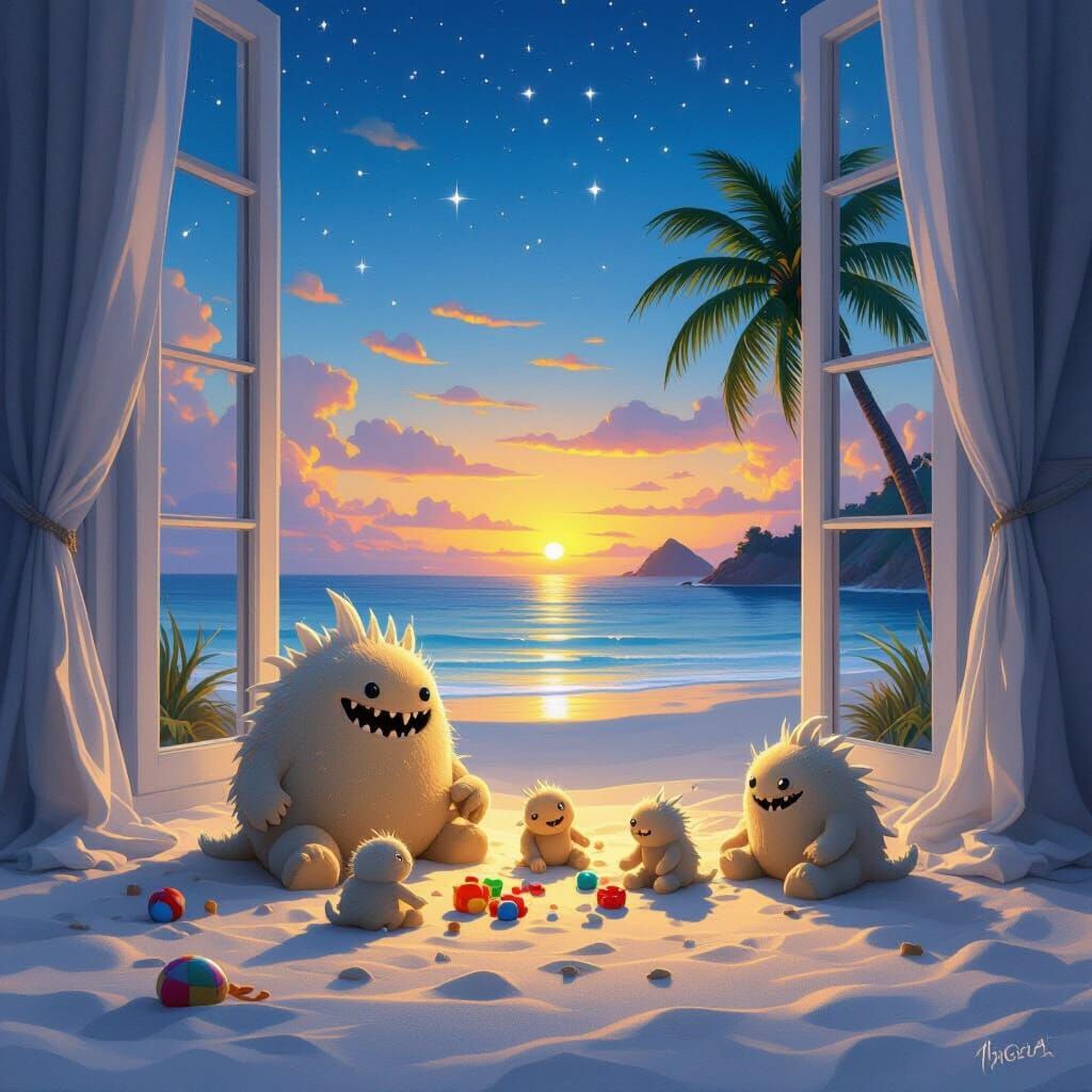 Playful Sand Monsters Enjoy Indoor Beach Scene