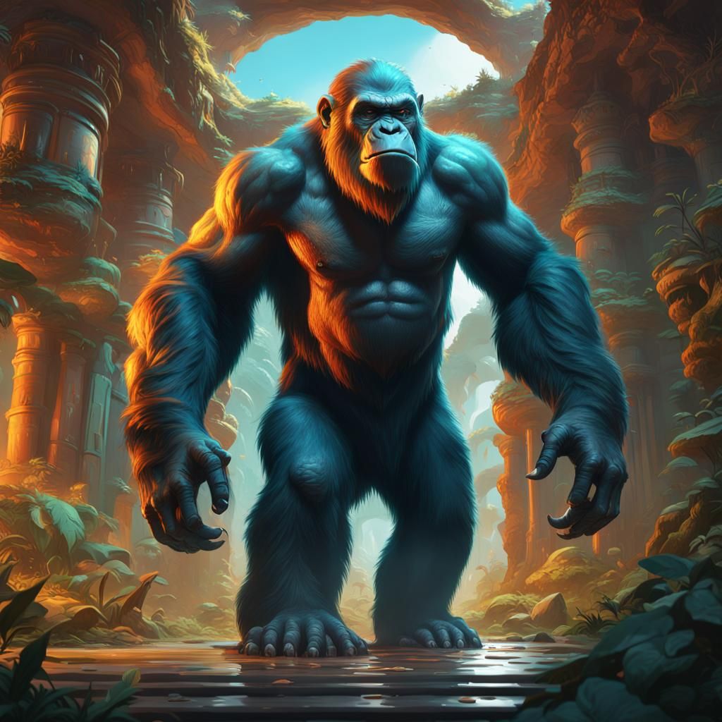 Gigantic Prehistoric Ape in Hyperdetailed Concept Art
