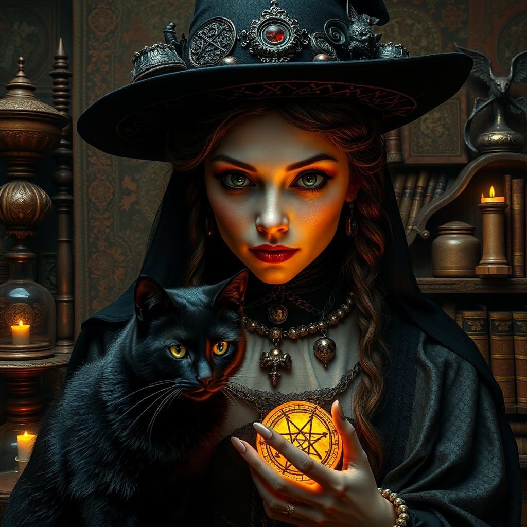 Renaissance Goth Witch Portrait with Familiars