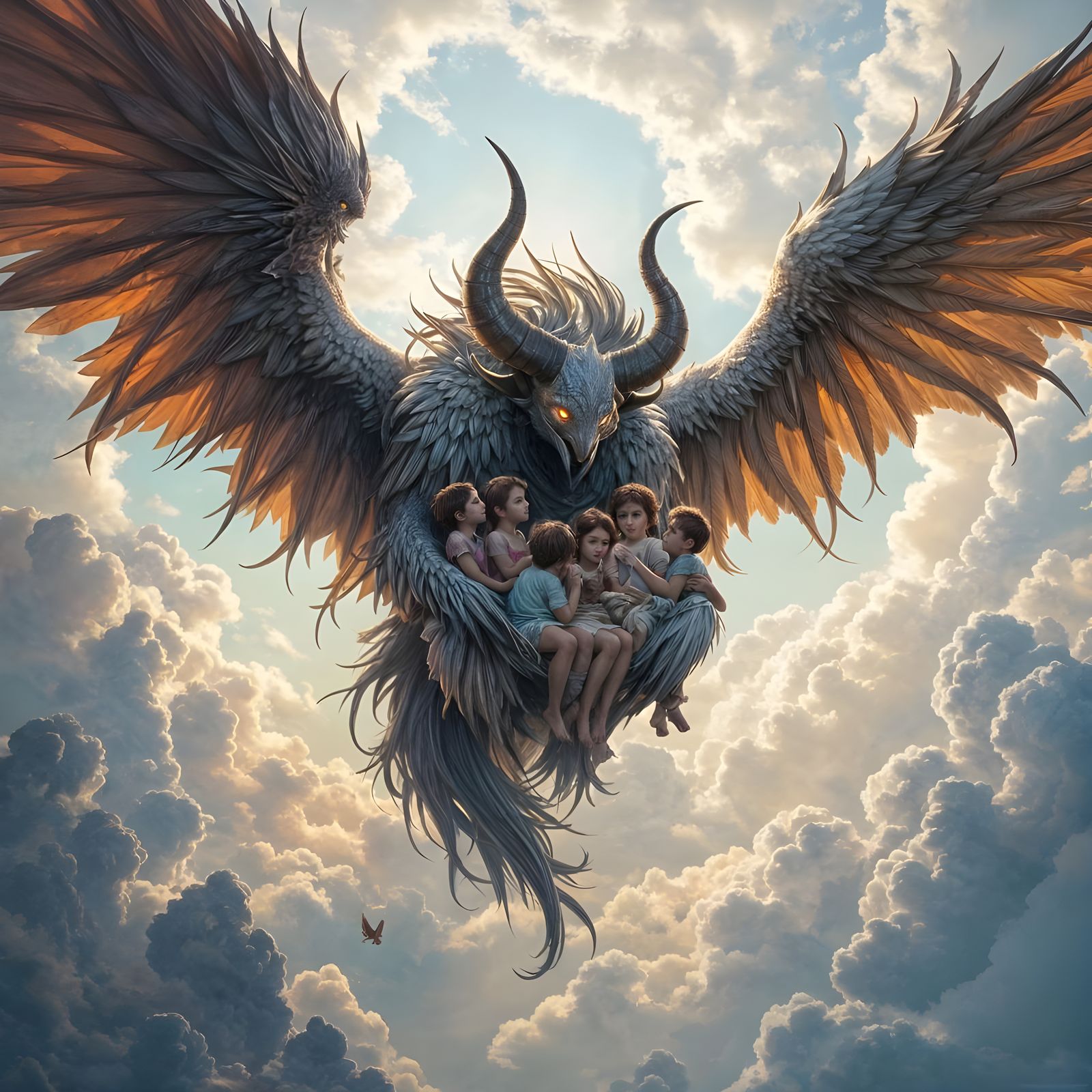 Horned Sky Beast Cradles Children: Fantasy Art