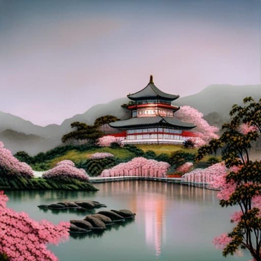 Chinese Palace View with Peach Blossoms in 3D