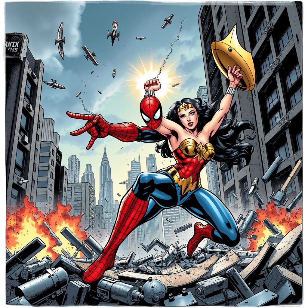 Comic Book-Inspired Superhero Clash of Spiderman and Wonder...