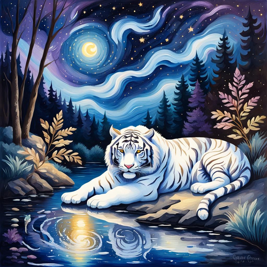 Tiger Sleeping Under Galaxy Sky as Gouache Painting