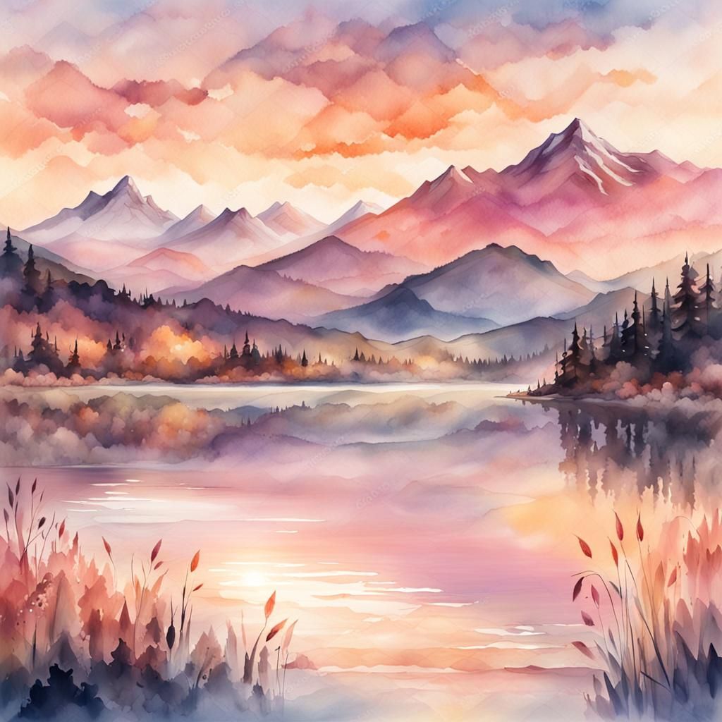 Tranquil Sunset Lake Panoramic in Watercolor Style