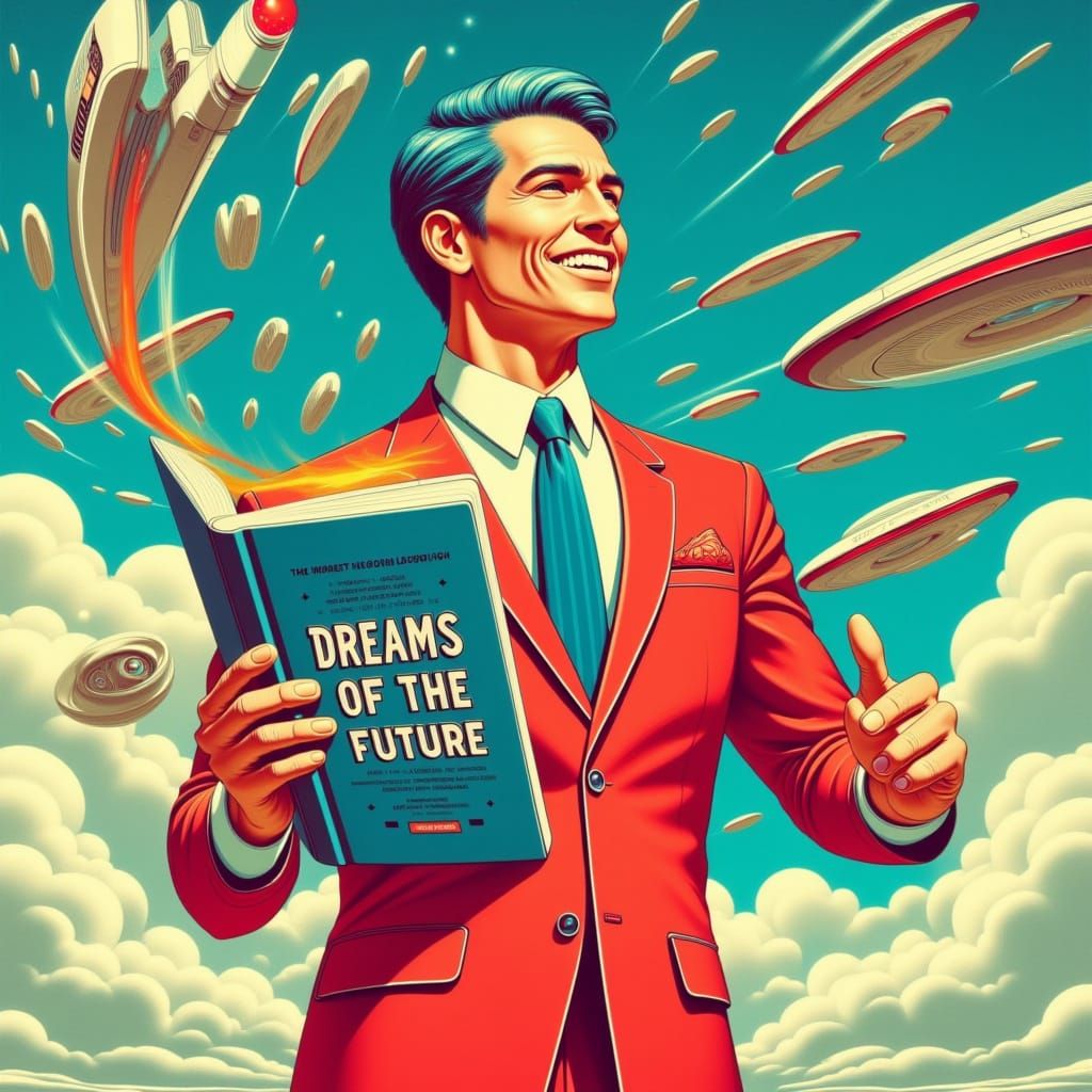 A Man Embracing the Future in a Vibrant Red Suit, Amidst a D...