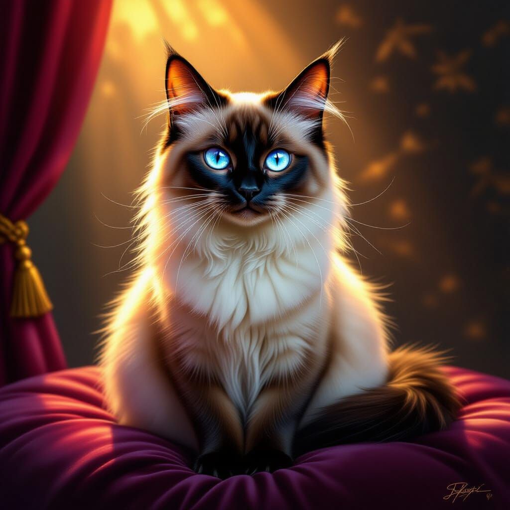 Regal Siamese Cat on Velvet Cushion
