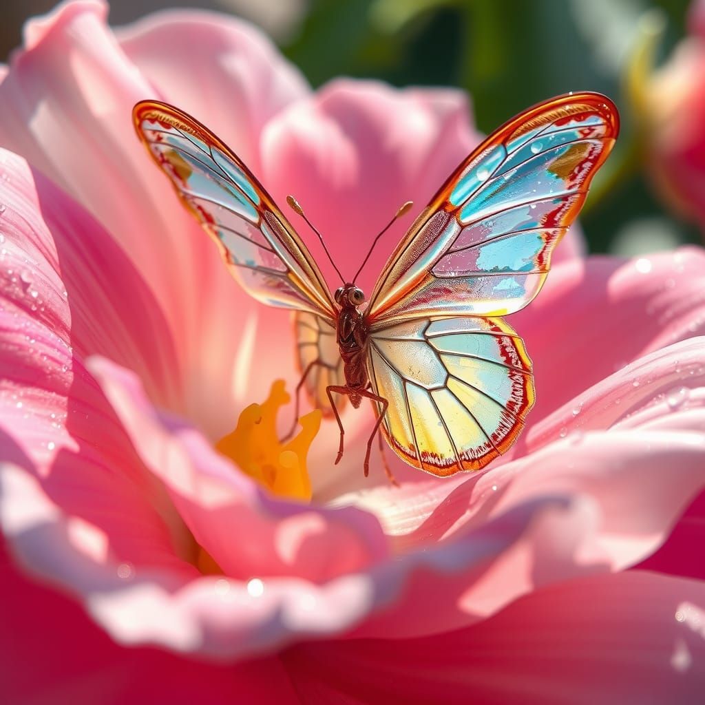 Iridescent Butterfly on Hybrid Rose, Ethereal Style