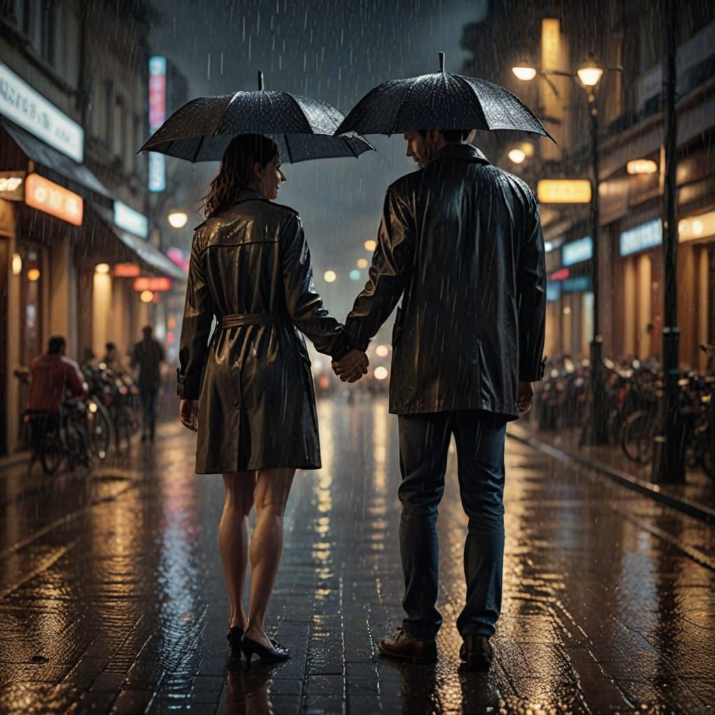 Romantic Couple Holding Hands in Rainy City Night