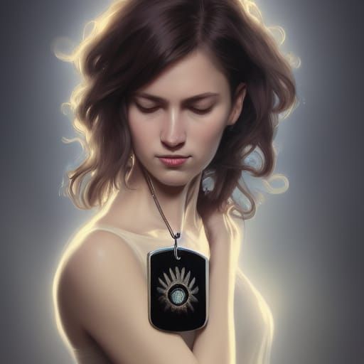 Grief-Stricken Woman Holding Dog Tag Portrait
