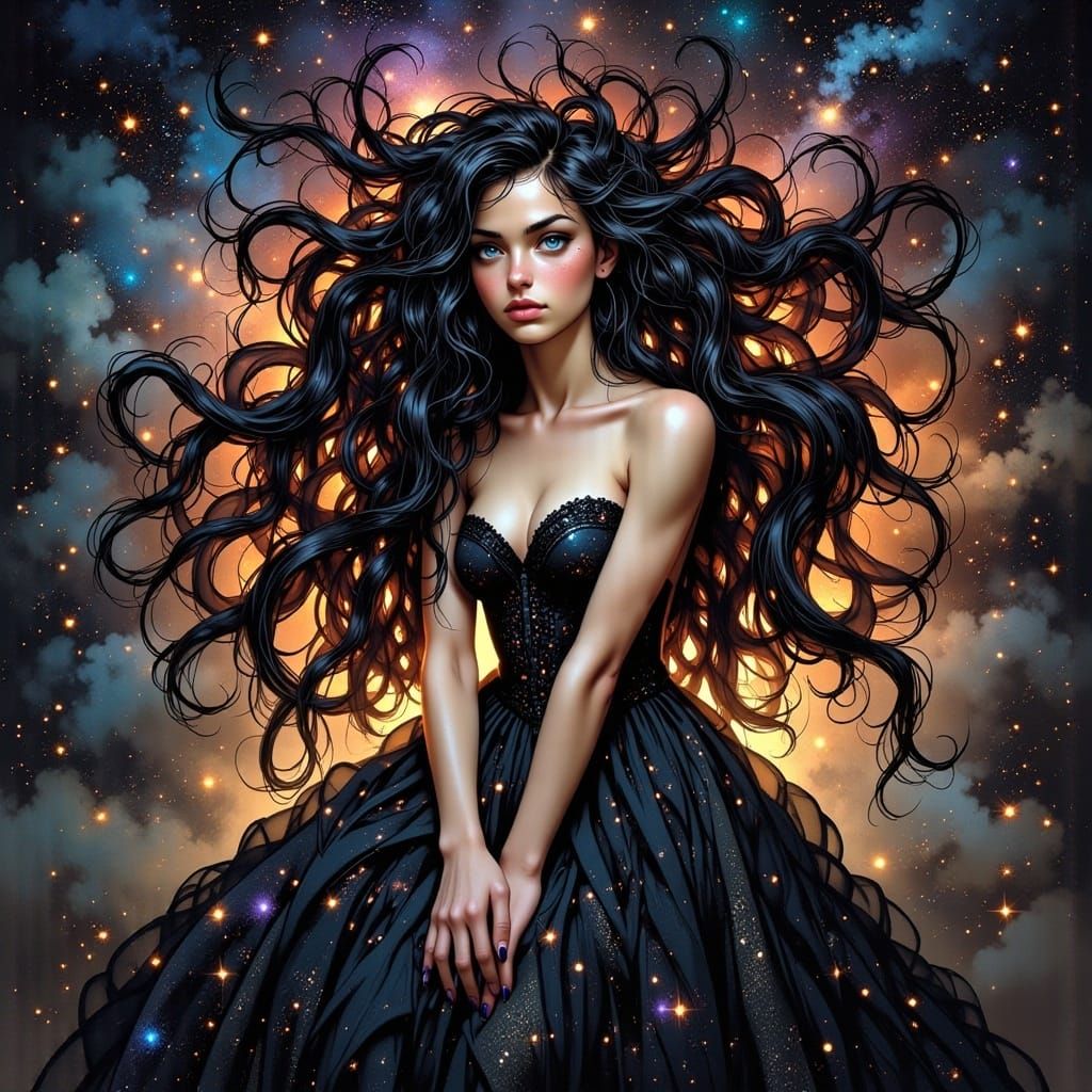 Cosmic Star Woman in Ethereal Gown