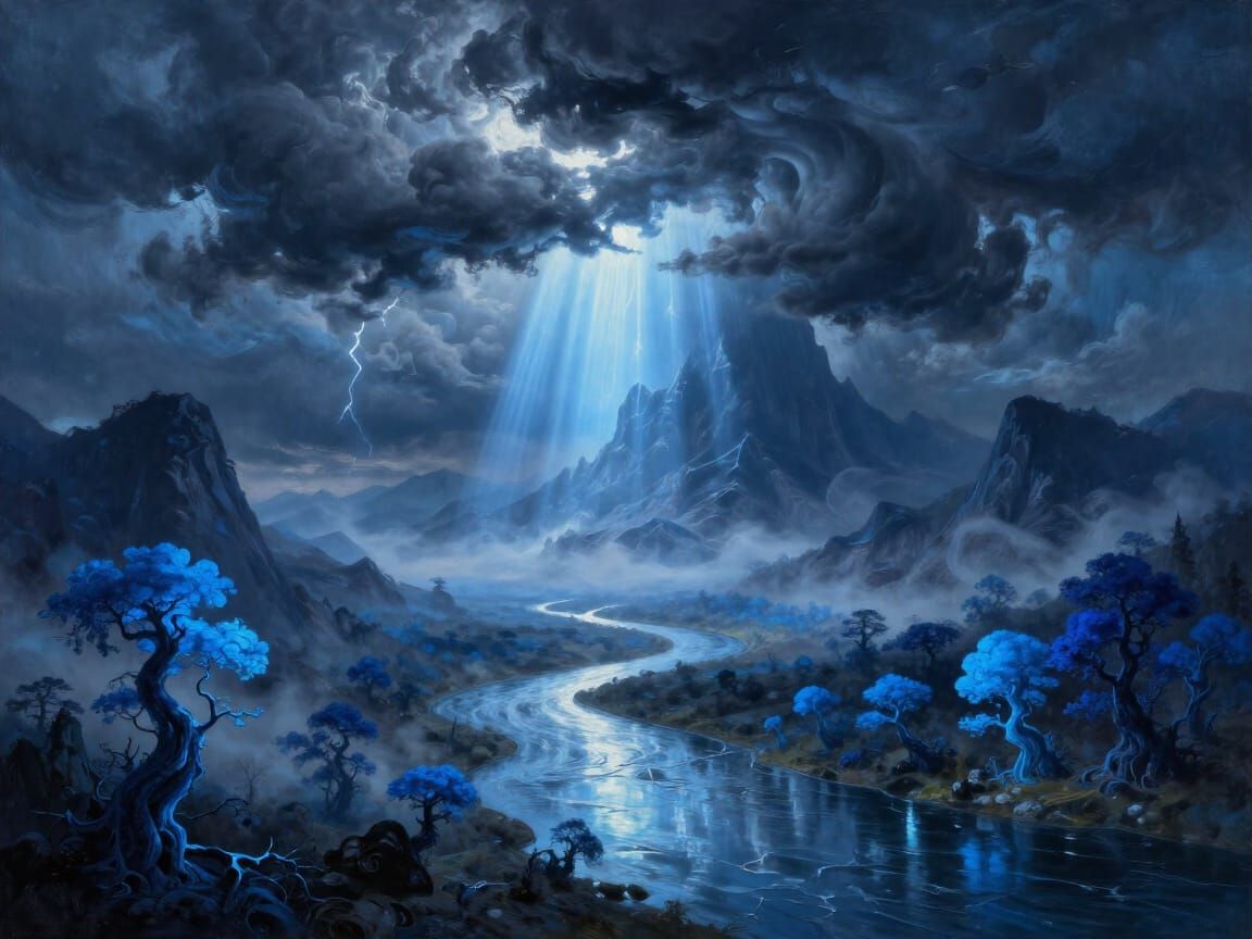 Surreal Blue Fantasy Landscape Under Stormy Sky