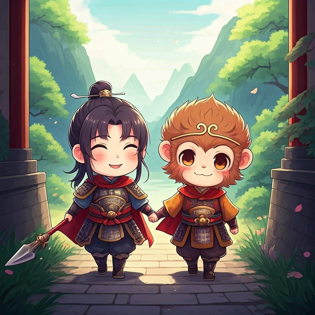 Nezha and Monkey King in Cute Anime Style