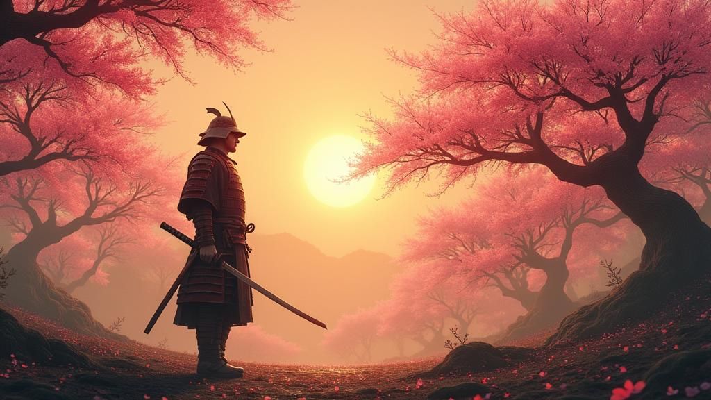 Samurai in Blossoming Japanese Landscape: Cinematic Still