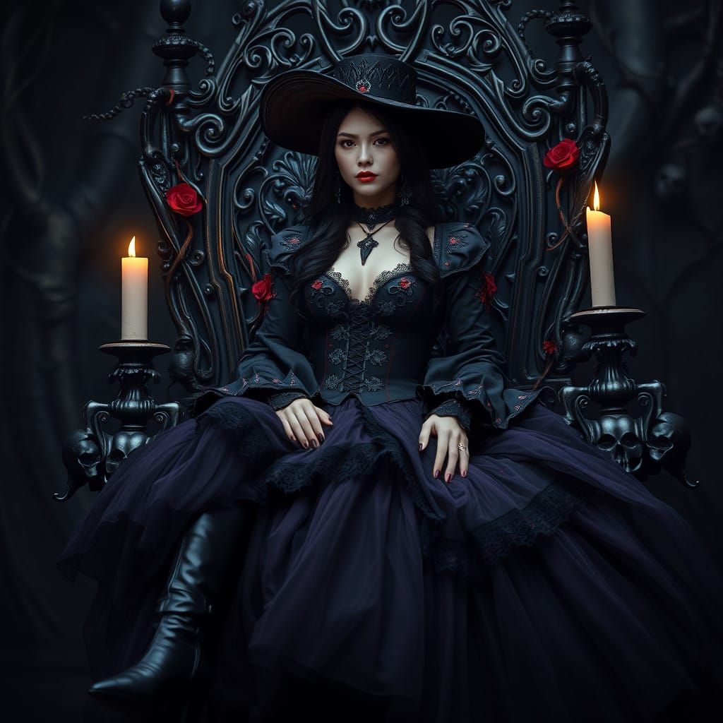 Gothic Queen of Mystery Sits Majestically on Dark Throne
