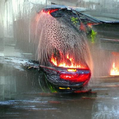 Burning Car on Wet Pavement