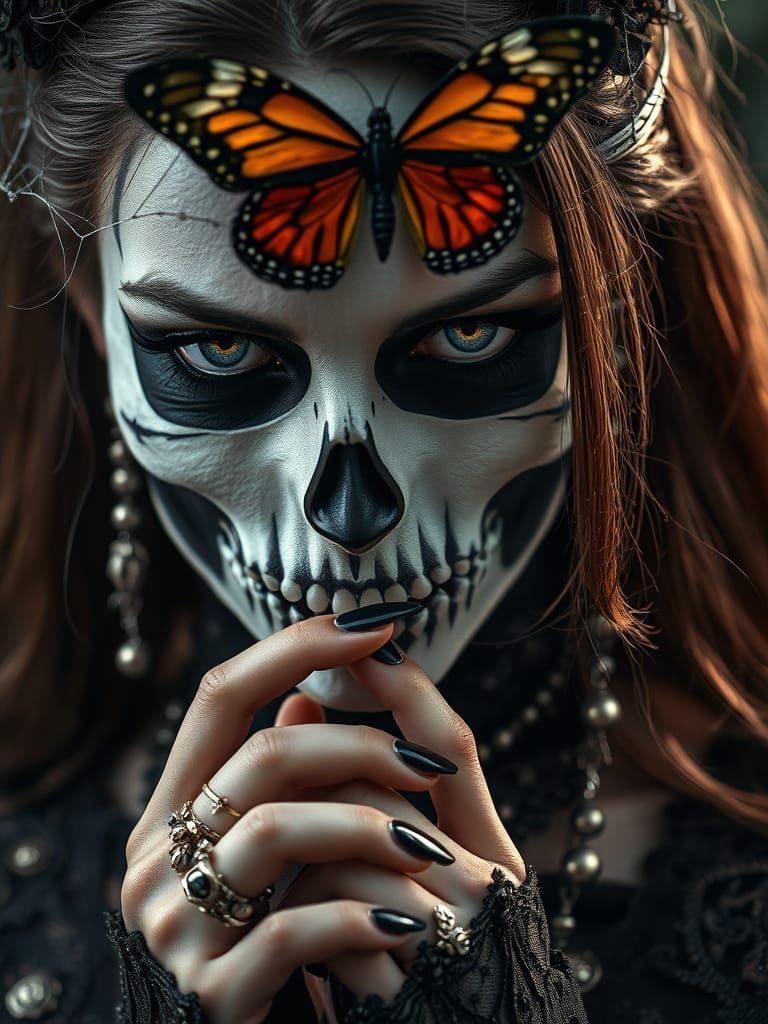 Gothic Woman with Skull Face Paint in Dark Fantasy Style