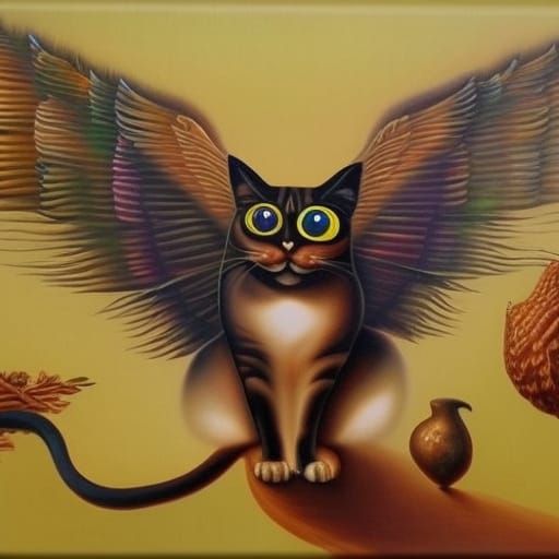 Winged Cat in Surreal Oil Painting