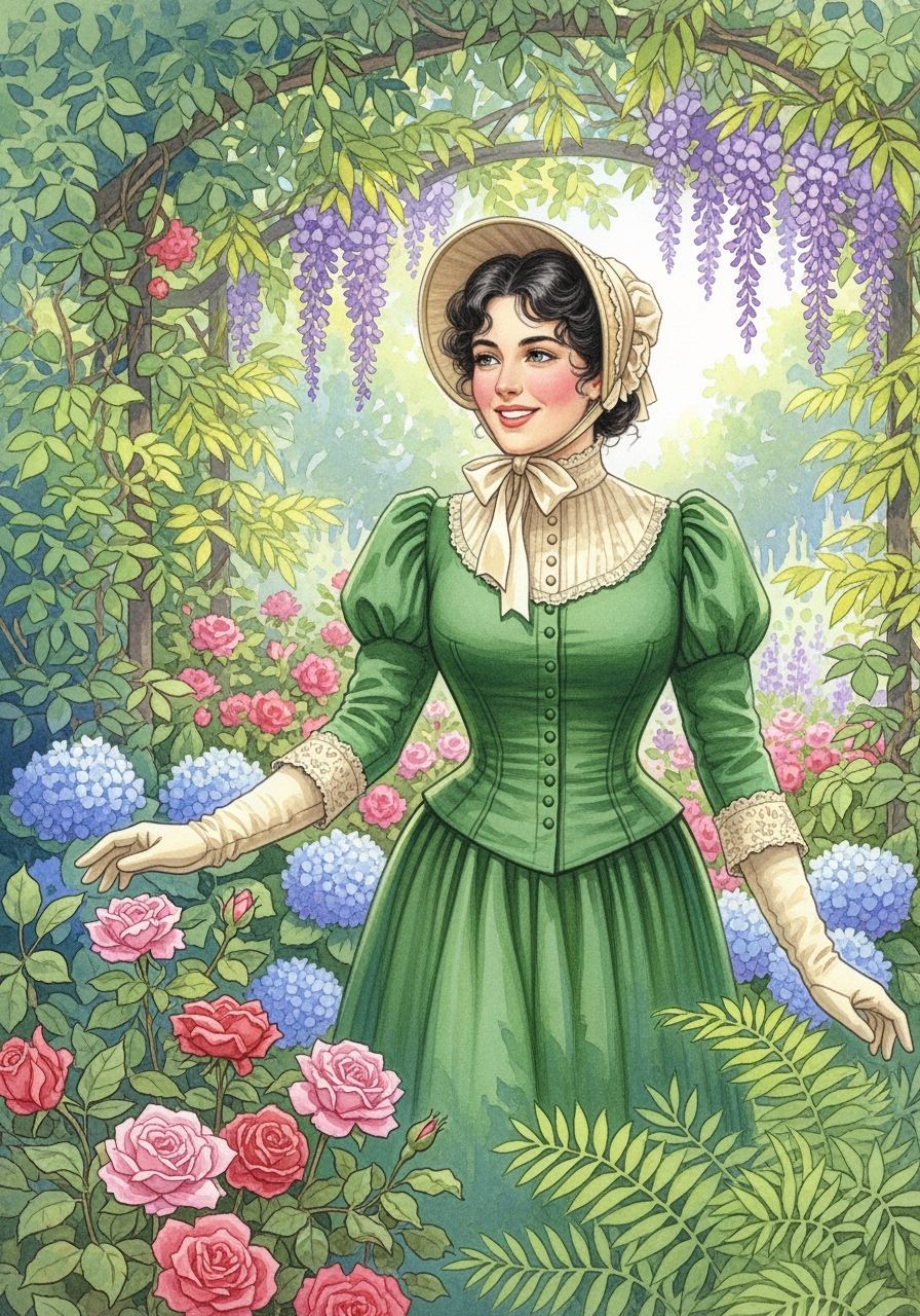 Victorian Woman in Botanic Garden, as Watercolor Portrait