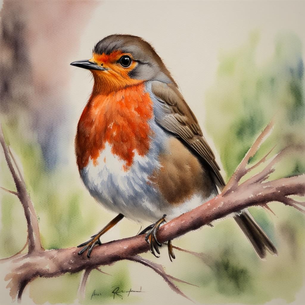 Robin Redbreast Portrait in Watercolor Pastel