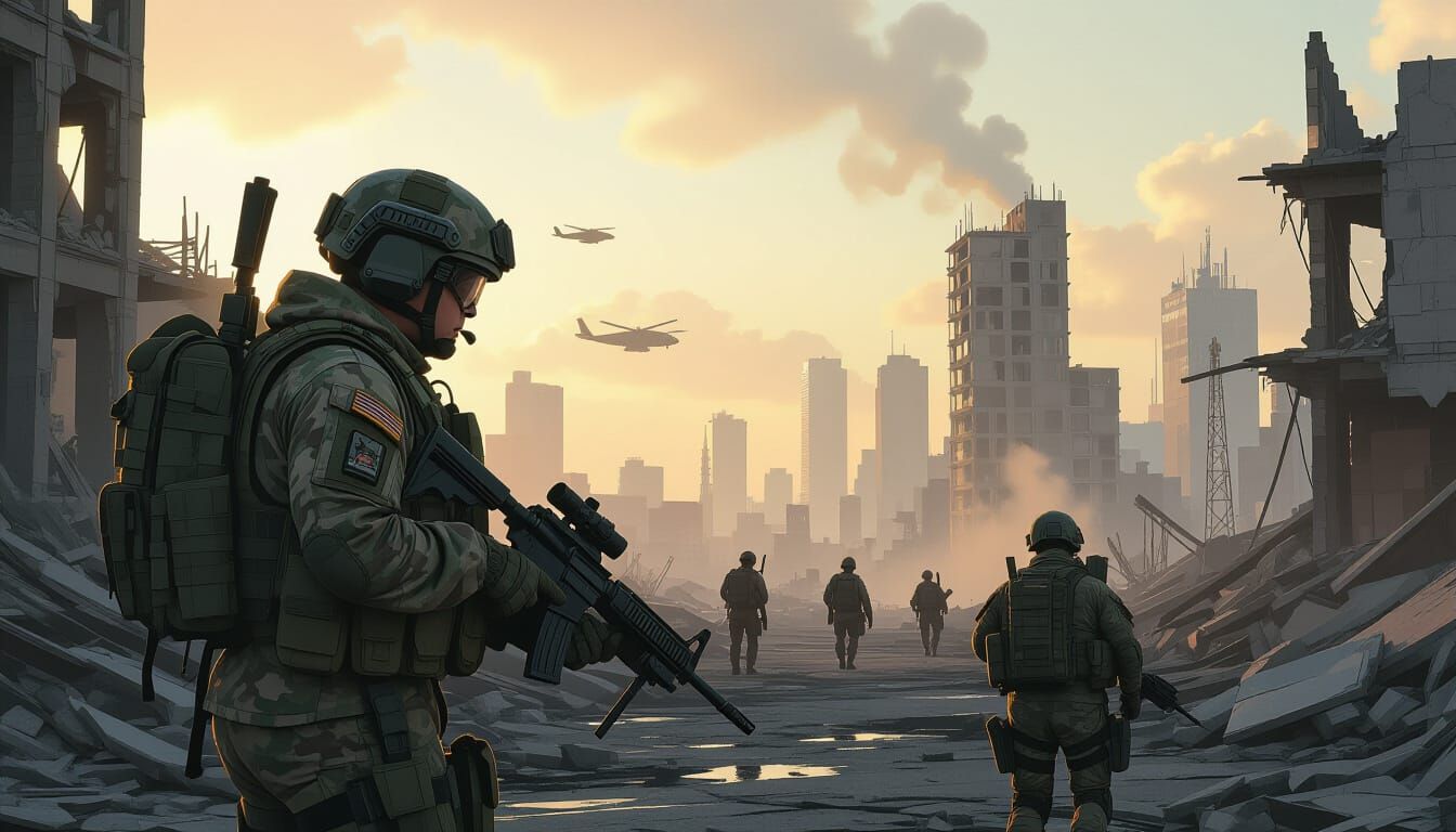 Military in Ruined Cityscape Digital Matte Painting