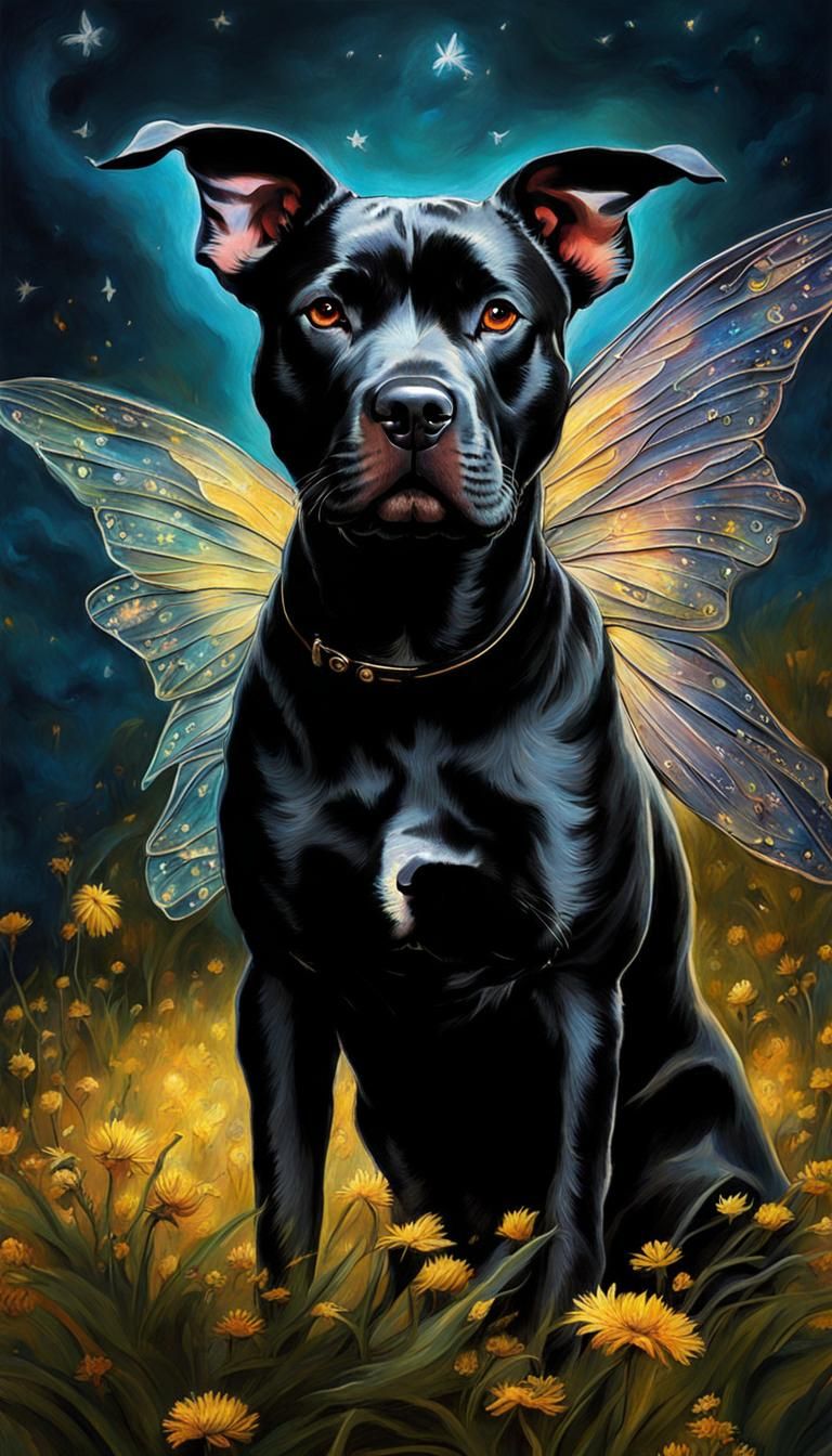 Pitbull Terrier with Fairy Wings in Van Gogh Style