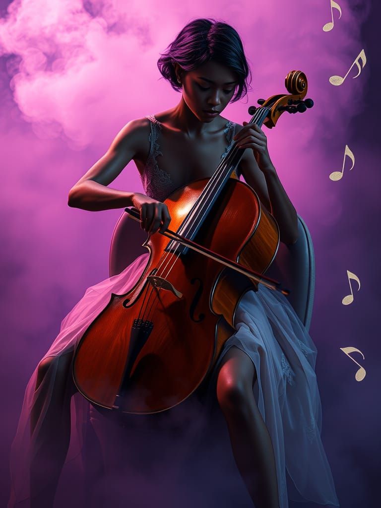 Elegant Cellist in Mystical Fog, Dark Fantasy Style