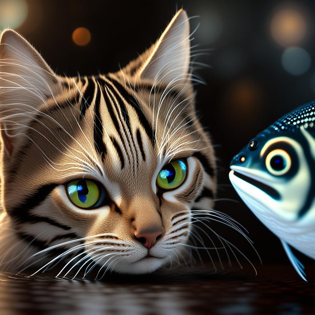 a cat looking at the fish, with its mouth open and it's eyes like a baby, 4k, photorealistic, 3d ,abstract vector fracta...