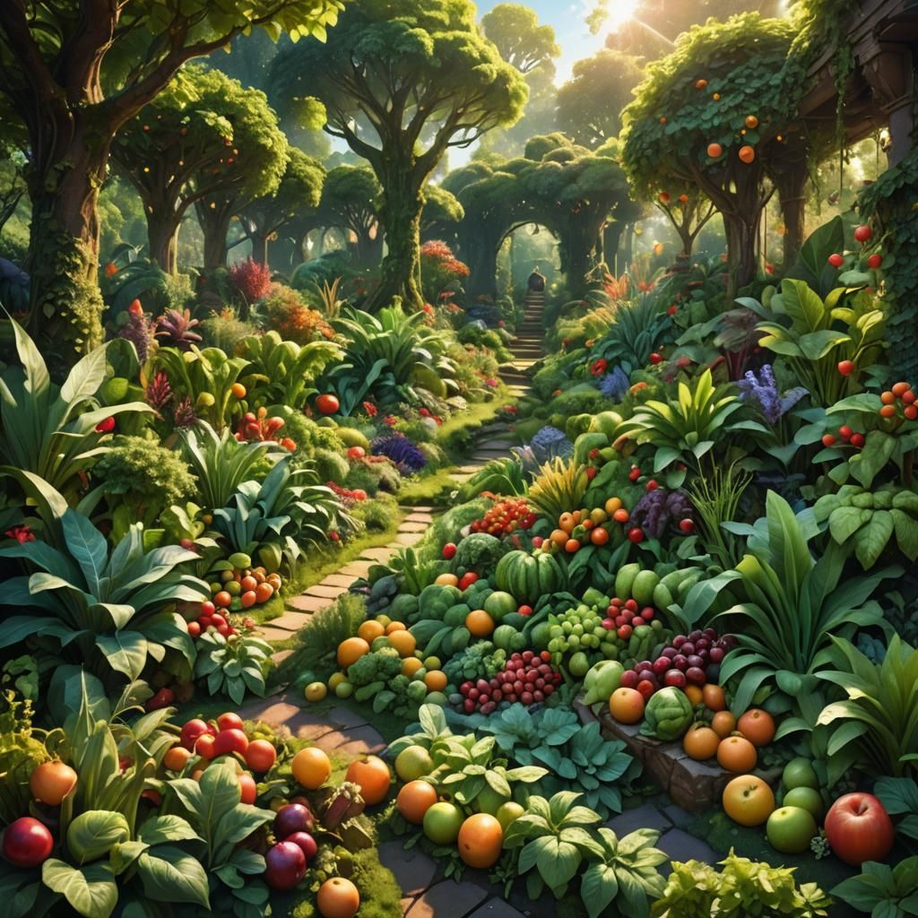 Lush Edible Fantasy Garden in Ethereal Sunlight