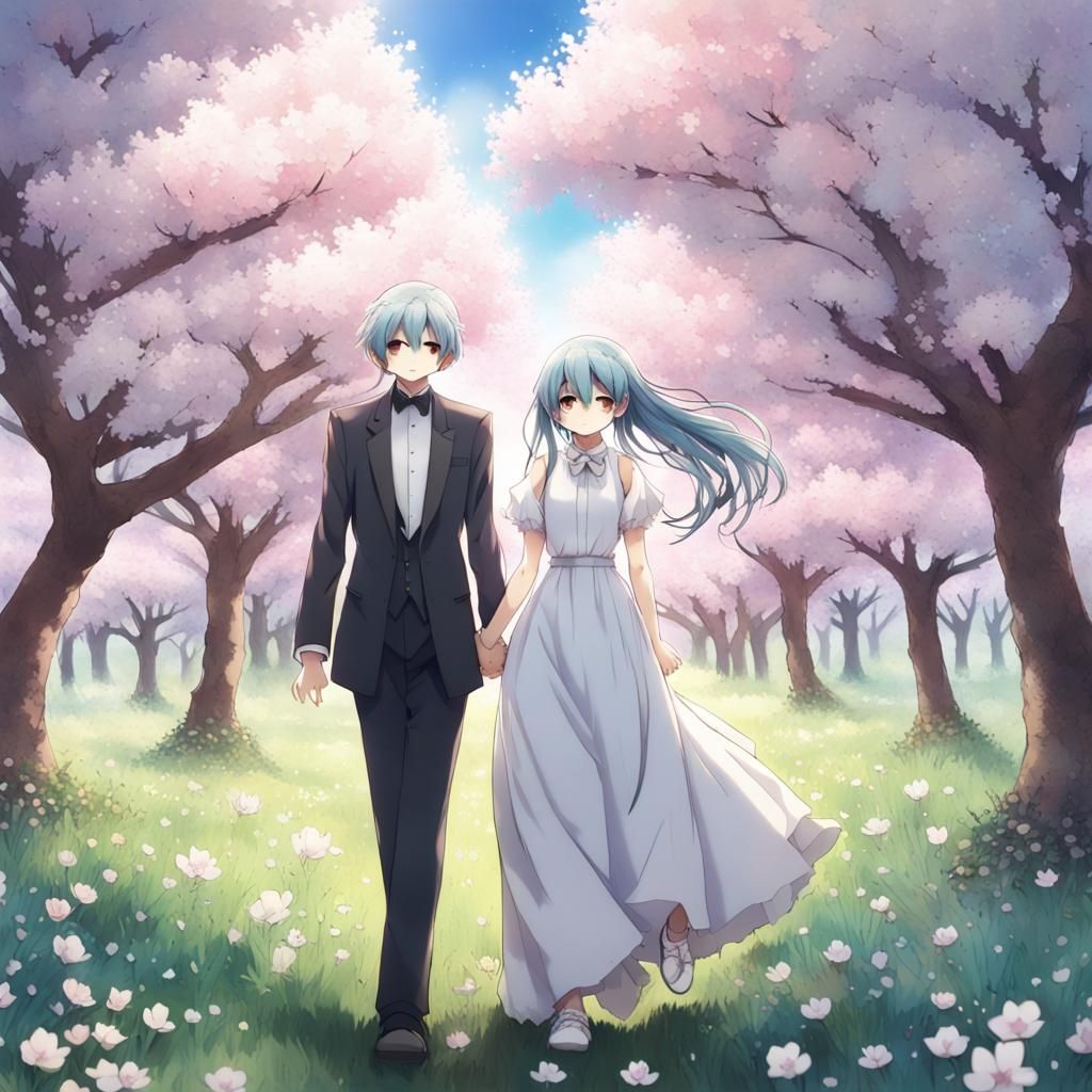 Anime Style Wedding in Cherry Blossom Field