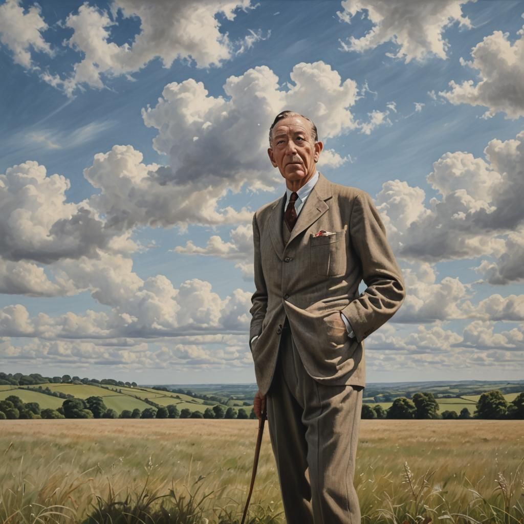 Photorealistic Noel Coward in North Downs Field