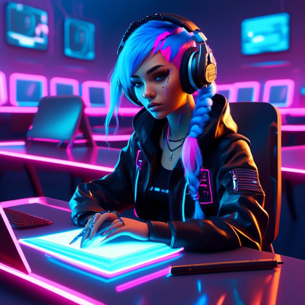 Edgy Cyberpunk Schoolgirl with Neon Hologram