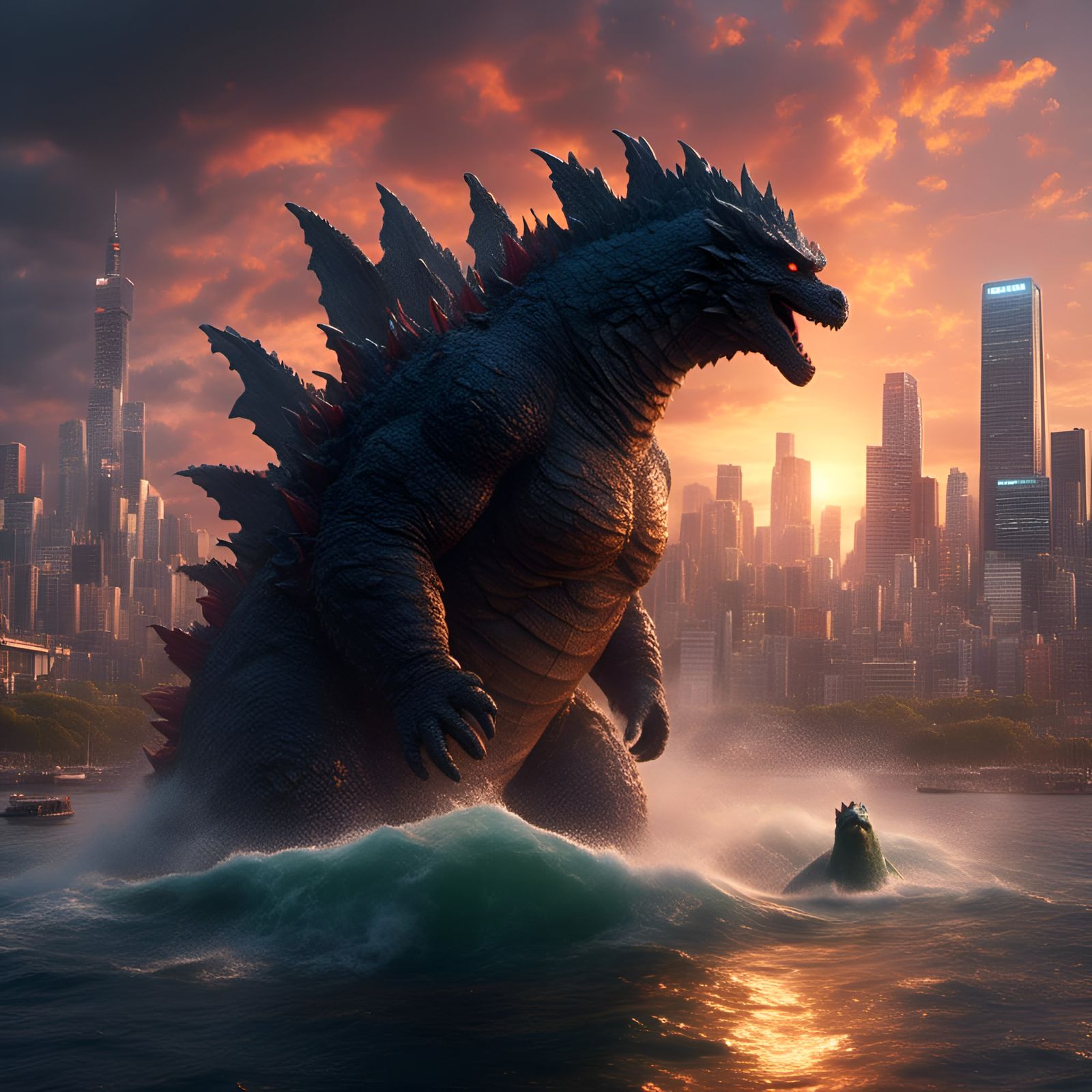 Godzilla Over City at Sunset in Animation Style