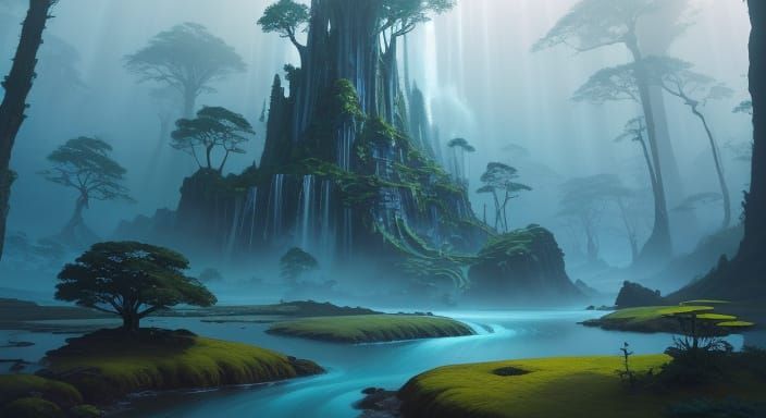 Dreamlike Fantasy Landscape with Floating Islands and Ethere...