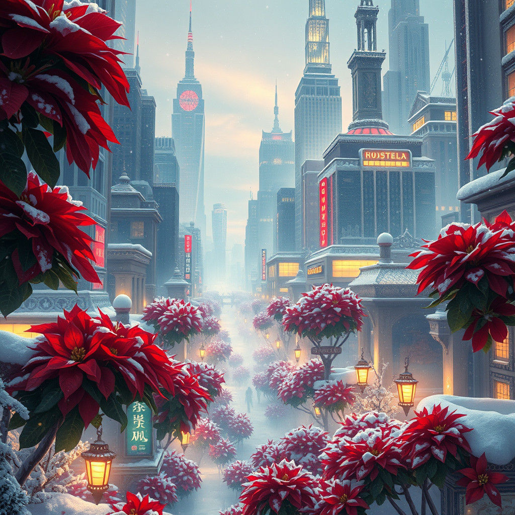 Magical Winter Metropolis with Giant Poinsettias