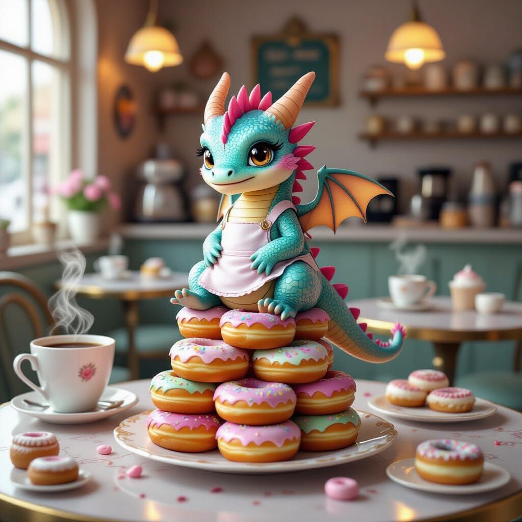 Miniature Dragon on Donuts in Whimsical Cafe
