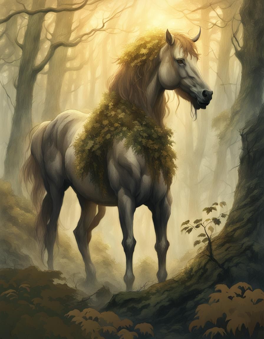 Centaurs in Misty Forest: Fantasy Art